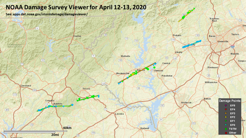 NOAA Damage Survey Viewer for April 12-13, 2020 for upstate SC-GA