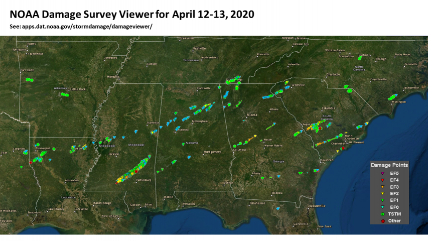NOAA Damage Survey Viewer for Apr 12-13 2020 showing the extent of activity across the Southeast