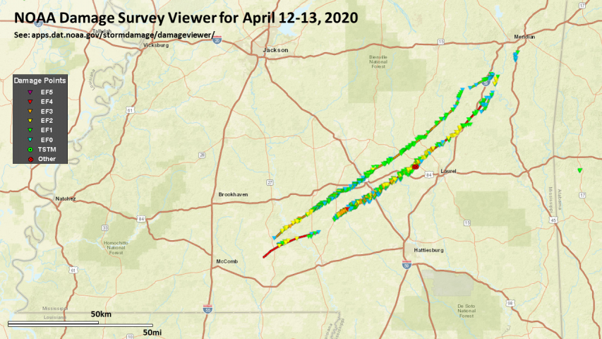 NOAA Damage Survey Viewer for Apr 12-13 2020 showing Mississippi storms
