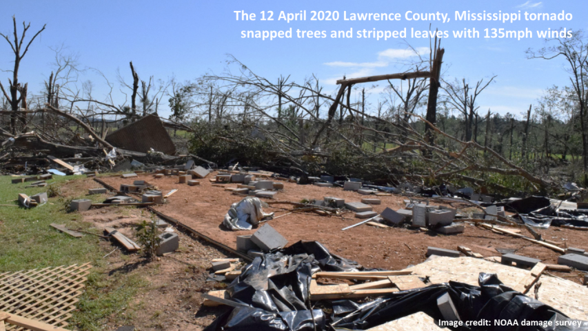 A photograph of the April 2020 tornado damage in Mississippi