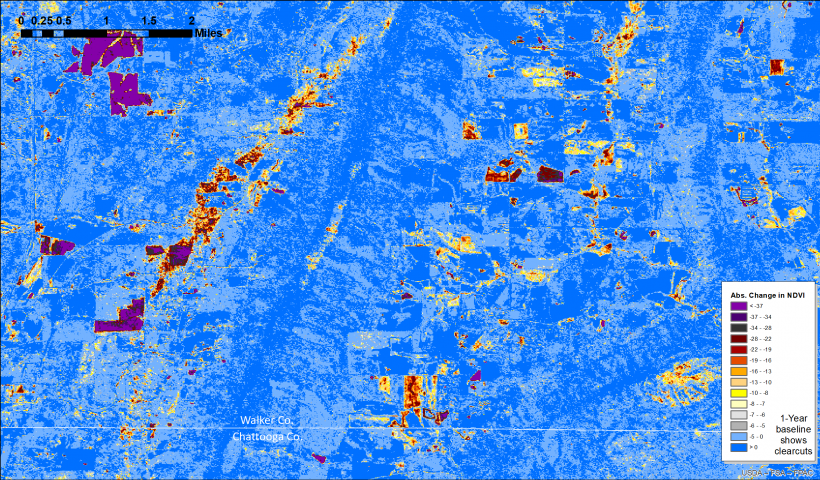 HiForm NDVI change map for Chattooga-Walker Counties (1 year baseline)