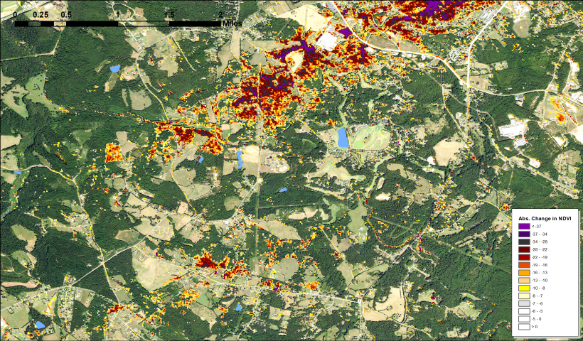 HiForm map of absolute NDVI change southwest of Seneca SC - zoom