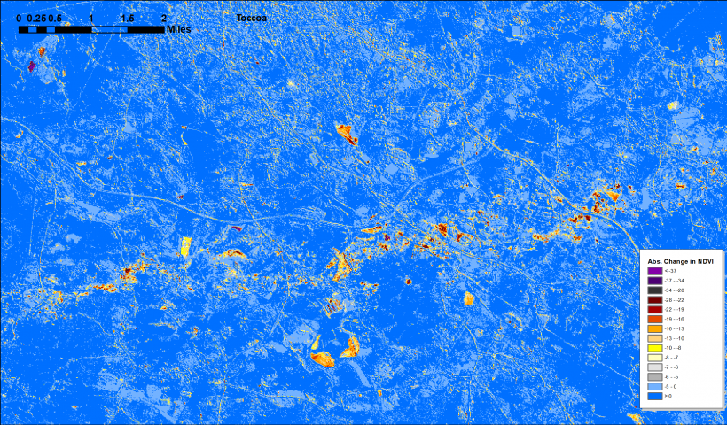 HiForm map of absolute NDVI change at Toccoa GA - zoom