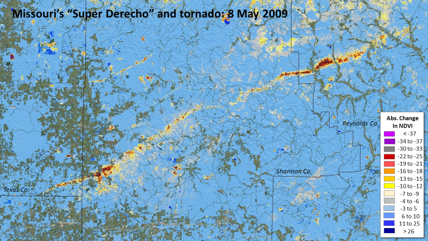 May 2009 Super Derecho and tornado dNDVI severity map of Southeast Missouri