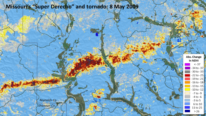 May 2009 tornado dNDVI severity map of Southeast Missouri