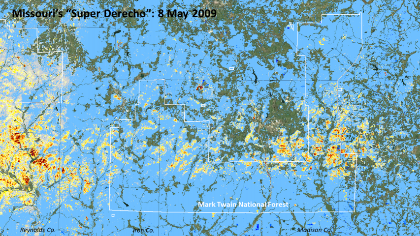 May 2009 Super Derecho dNDVI severity map of Southeast Missouri and the Mark Twain National Forest