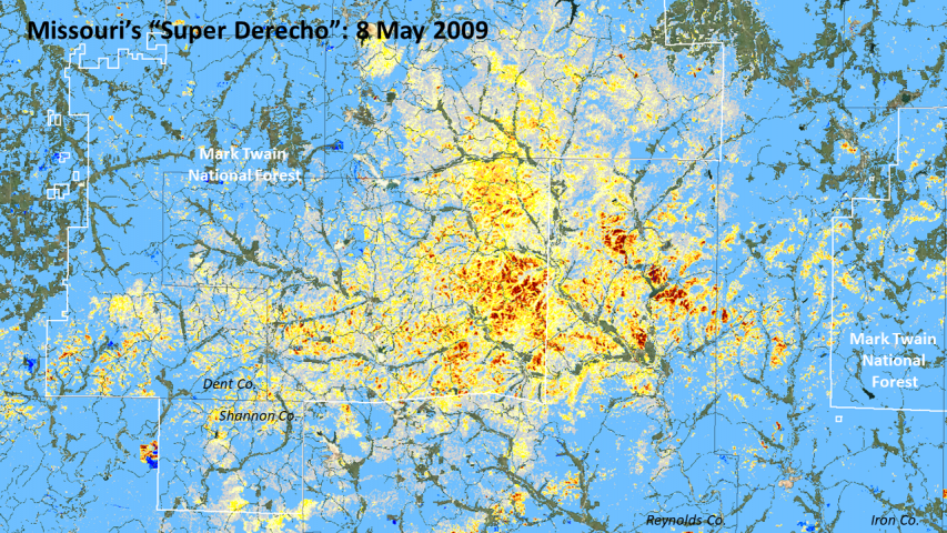 May 2009 Super Derecho dNDVI severity map of Southeast Missouri and the Mark Twain National Forest
