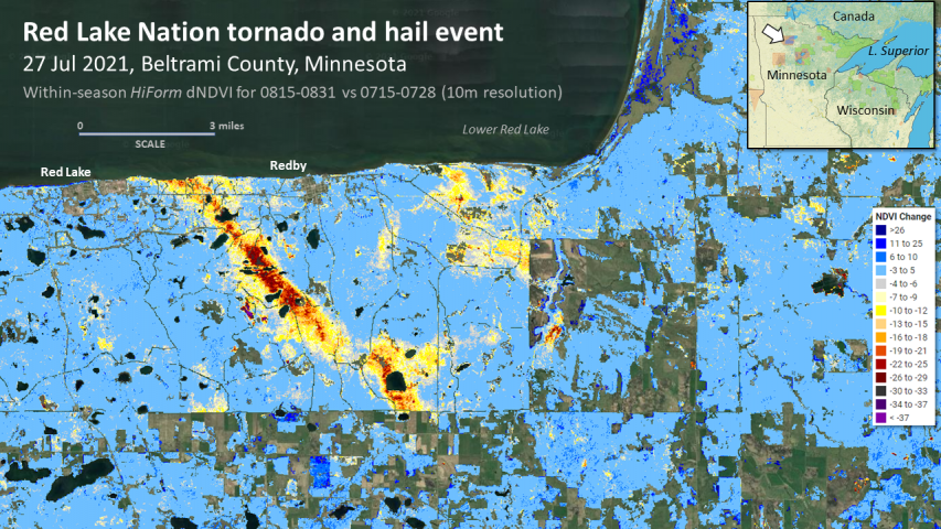 Map of Red Lake Nation tornado and hail event