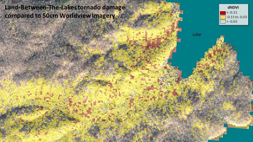 LBL tornado HiForm dNDVI compared to 50cm Worldview imagery