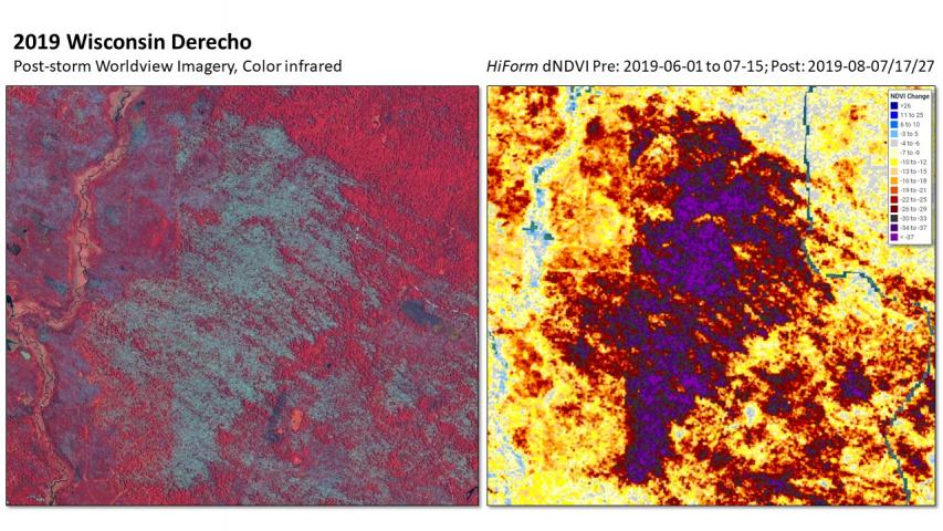 2019 Wisconsin Derecho - 1m Worldview imagery with HiForm severity using Sentinel 2