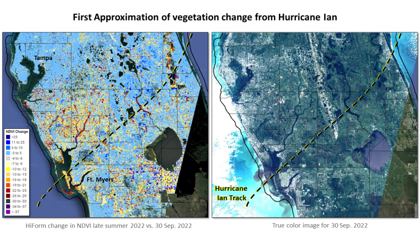 Change in NDVI the day after Hurricane Ian struck western Florida
