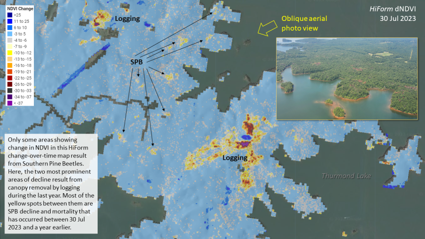 Southern Pine Beetles (SPB) mortality in Lincoln County, GA during 2023 as shown by HiForm dNDVI