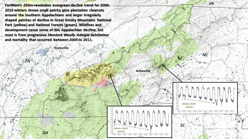 ForWarn's NDVI evergreen decline for the Southern Appalachian region