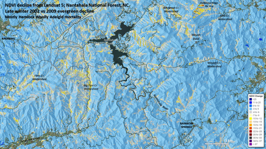Hemlock mortality mapped by Landsat 5 (SR) in HiForm for part of the Nantahala National Forest, NC