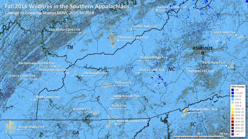 Southern Appalachian fires from 2016 labeled