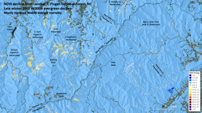 Hemlock mortality mapped by Landsat 5 (SR) in HiForm for the greater Shining Rock Wilderness area