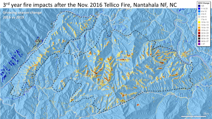 3rd year fire  severity of the 2016 Tellico Fire on the Nantahala National Forest, NC
