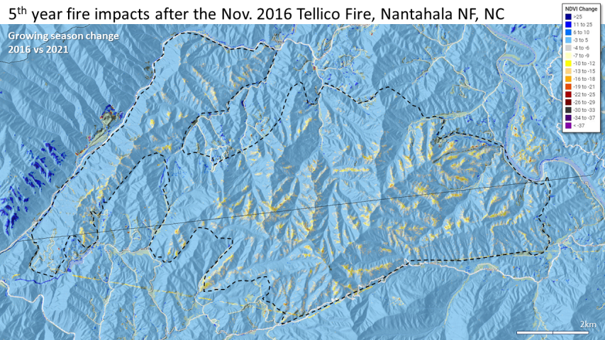 5th year fire  severity of the 2016 Tellico Fire on the Nantahala National Forest, NC