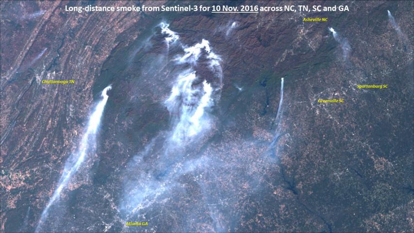 Smoke from fall 2016 wildfires across the Southern Appalchains