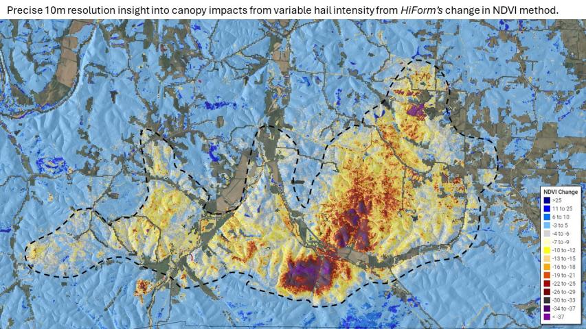Hail impacts and radar in southern Missouri (10m HiForm dNDVI)