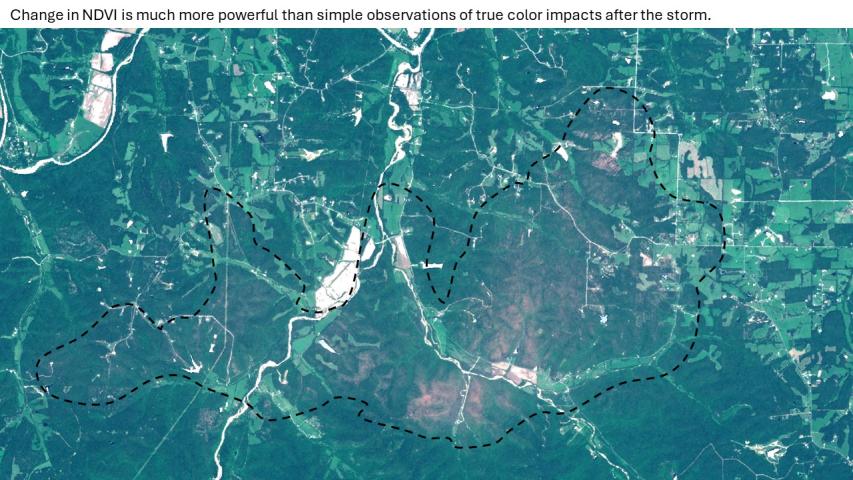 Hail impacts and radar in southern Missouri (true color)