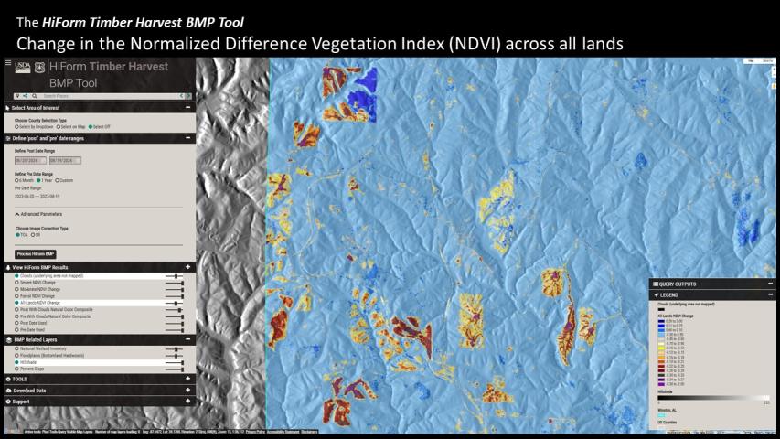 The HiForm BMP tool showing all lands NDVI change