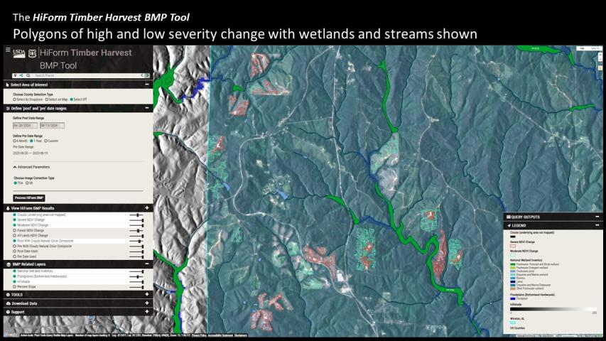 The HiForm BMP tool showing severity polygons and hydrological data