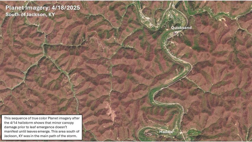 Hail damage is not shown on April 18, 2025, four days after the storm, near Jackson Kentucky