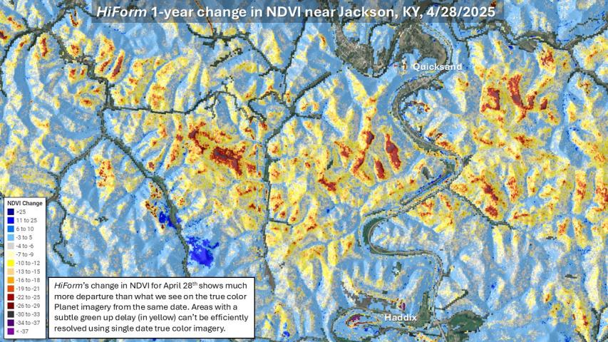 HiForm's change in NDVI reveals major and lesser impacts on April 28, 2025 near Jackson Kentucky