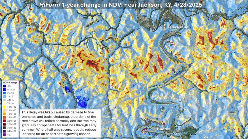 HiForm's change in NDVI reveals major and lesser impacts on April 28, 2025 near Jackson Kentucky