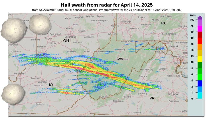 NOAA hail streak on April 14, 2025 through Kentucky, Ohio, West Virginia and Virginia