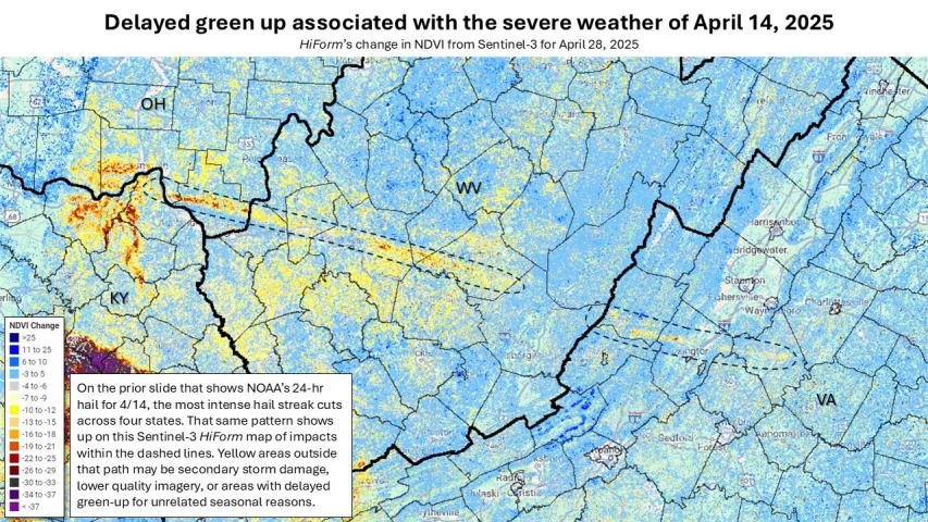 Linear hail tracks showing delayed green up from HiForm's Sentinel 3 satellite imagery