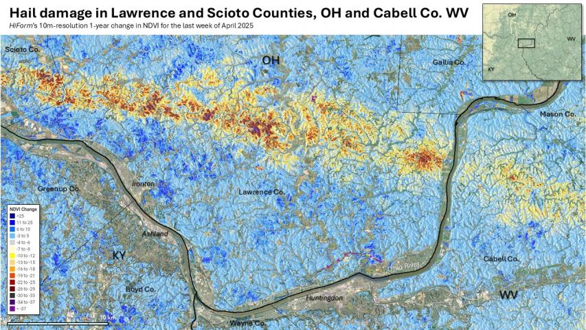 HiForm's change in NDVI for April 14, 2025 for southeastern Ohio