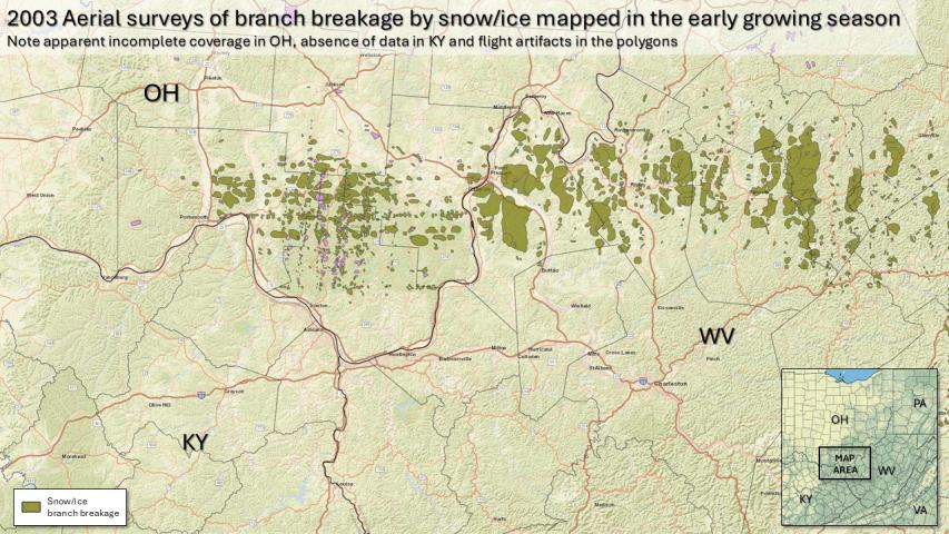 Aerial survey map of damage from ice for KY, OH and WV