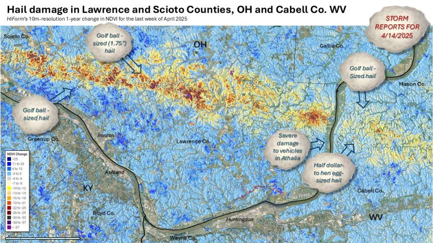 HiForm's change in NDVI for April 14, 2025 for southeastern Ohio showing hail reports