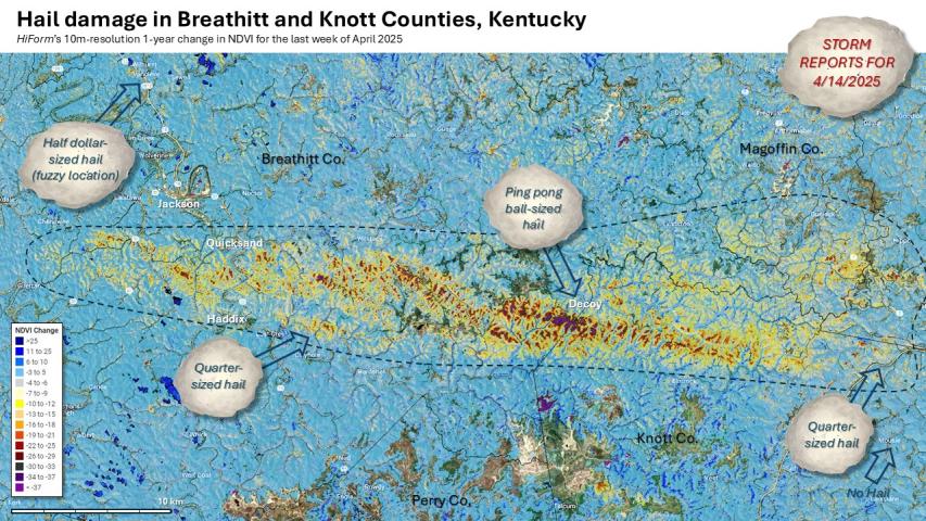 A long hail streak near Jackson Kentucky from April 14, 2025 showing NOAA storm reports