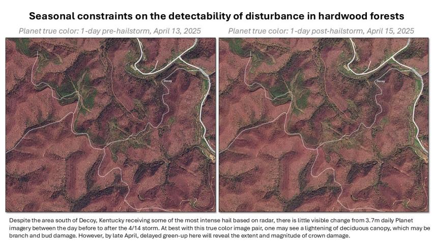 Planet imagery before versus after the April 14 2025 hail storm