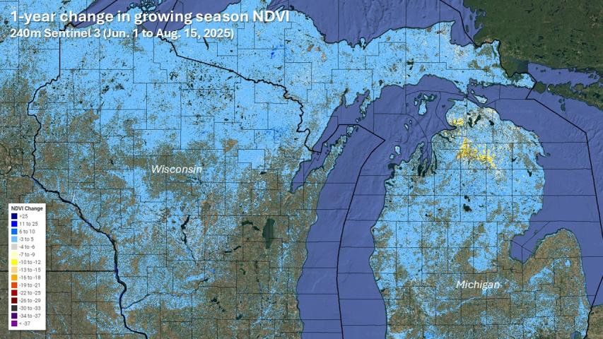 Summer 2025 departures of NDVI showing the area of major forest damage in northern Michigan