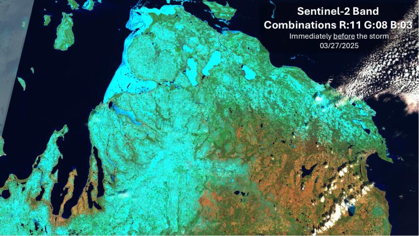 Snow-Ice sensitive band combination (R11 G08 B03) for northern Michigan immediately before the March 2025 ice storm