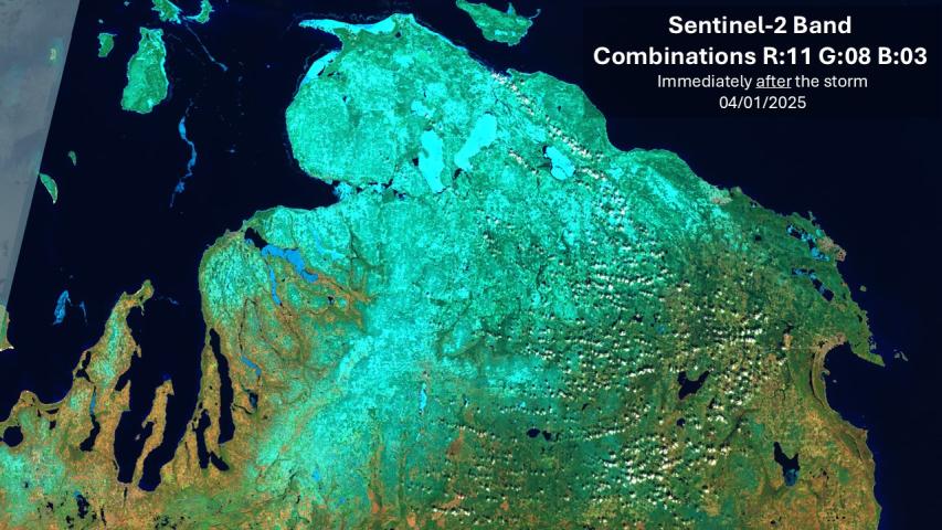 Snow-Ice sensitive band combination (R11 G08 B03) for northern Michigan immediately after the March 2025 ice storm