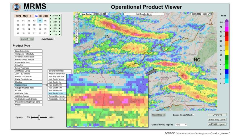 MRMS radar map showing regional pattern of hail
